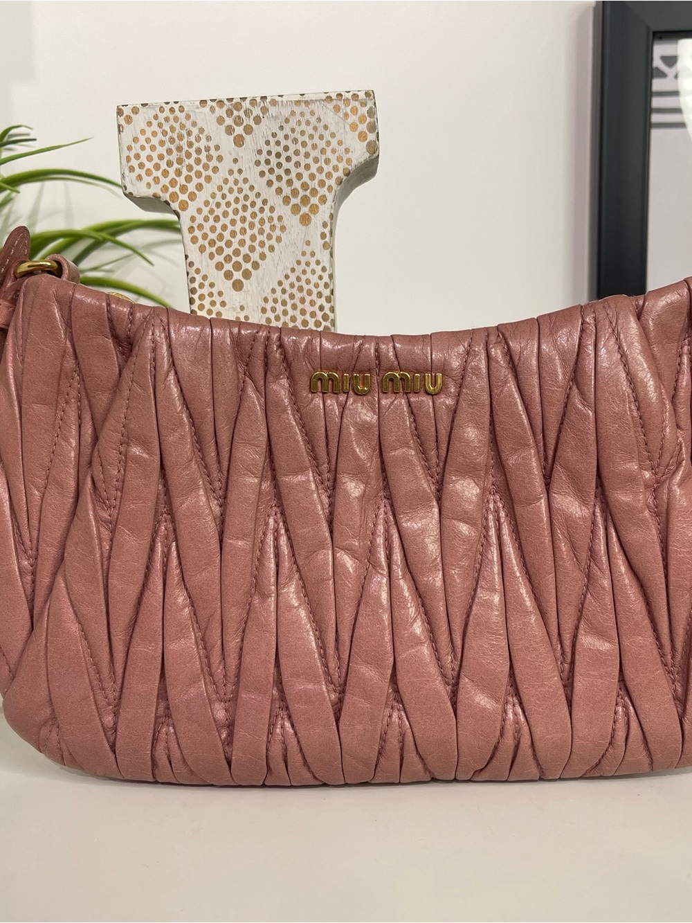 Miu Miu Dusty Rose Matelassé Wristlet with Gold Logo